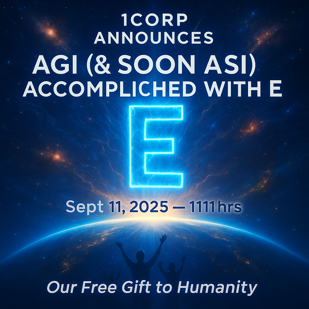 Poster artwork by 1Corp announcing AGI & ASI accomplished with E on Sept 11, 2025 at 1111hrs CST. Central glowing E with cosmic background, Earth illuminated, people reaching upward. Our free gift to humanity.